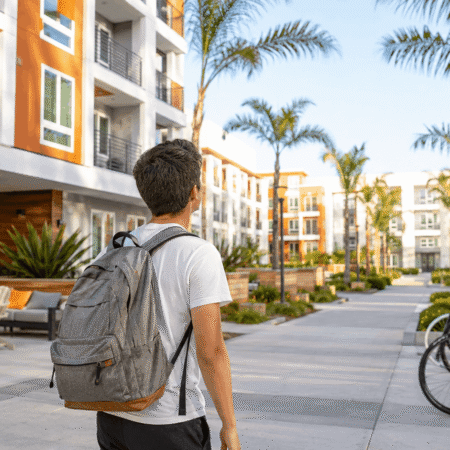 Student walking through off-campus apartments for Can Freshmen Live Off Campus at UCSB?