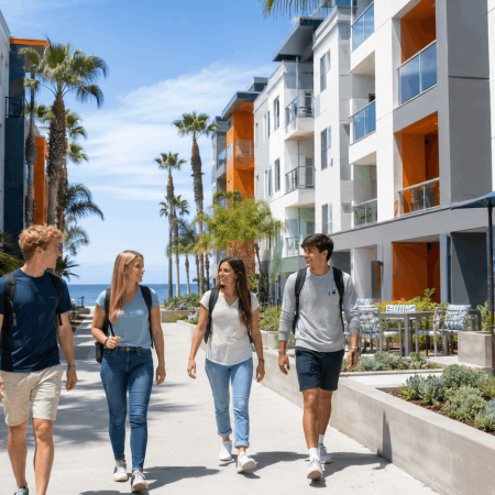 Campus 880 student housing with students near the coast